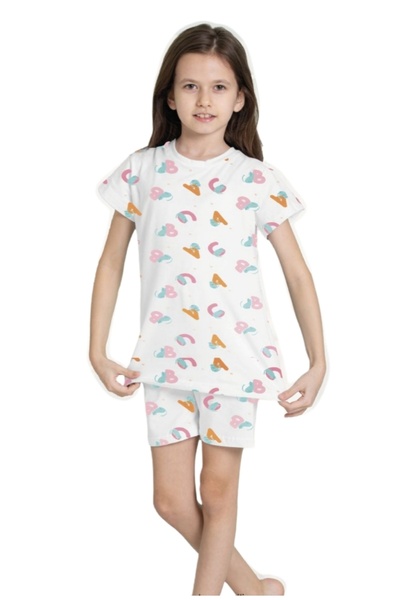 Fidekids Girls' Cat Patterned 100% Cotton Short Sleeve Shorts Summer Pajamas Set