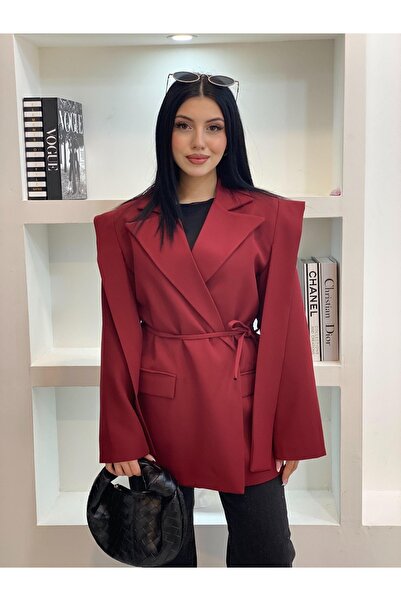 Lovely butik Women's Shoulder Belt Design Waist Lace Detail Blazer Jacket