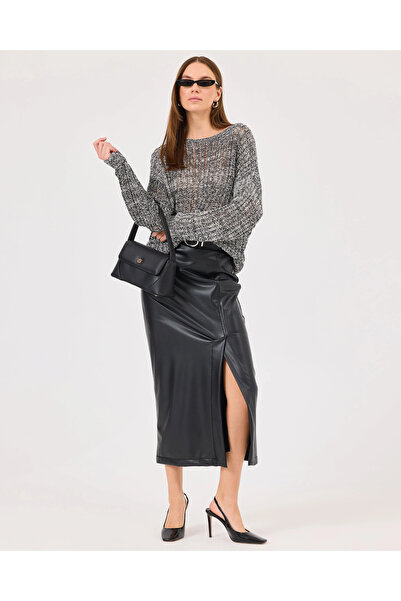 SEÇİL Faux Leather Skirt - Slit Detail