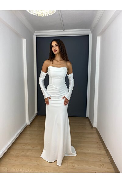 gökkuşagı moda Beyaz Straplez Sırtı Bağlamalı Portatif Kollu Yaka Saten Detay...