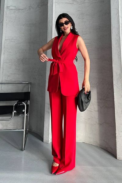 spirituel Women's Double Bottom Top Set Stylish Belted Pocket Detailed Vest Pants Set