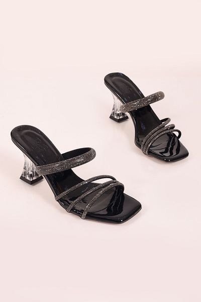 SHOESSHOPS Transparent Heeled Stone Banded Women's Heeled Slippers