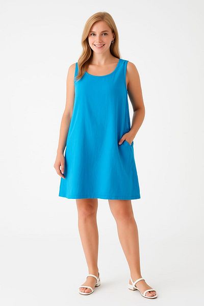 enmodaiçgiyim Turquoise 100% Cotton Muslin Fabric Short Women's Dress with Pockets – Summer Comfortable Casual Dress
