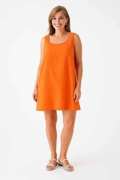 enmodaiçgiyim Orange 100% Cotton Muslin Fabric Pocket Short Women's Dress – Summer Comfortable Casual Dress