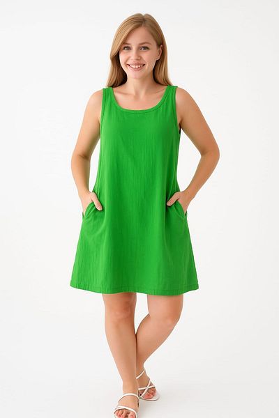 enmodaiçgiyim Vibrant Grass Green 100% Cotton Muslin Fabric Short Women's Dress with Pockets – Summer Comfortable Casual Dress