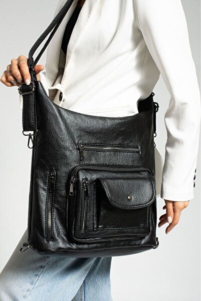 fiona polo Fiona Women's Ez32 Black Backpack and Crossbody Bag 10 Compartment...