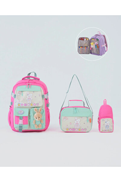 Roxbros Tavşan Kore Tarzı 3'lü Kız Çocuk Okul Çantası Seti - Kalemlik ve Termal Beslenmeli İlkokul Çantası