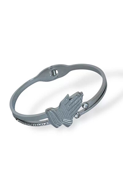 CAŞ DEKORASYON Silver Color Hand Figured Stone Detailed Steel Handcuff Bracelet