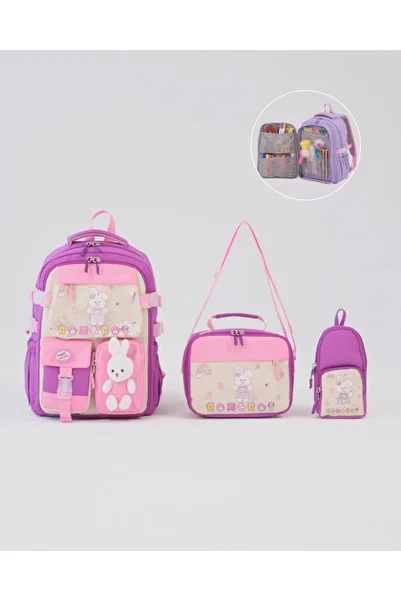 Roxbros Rabbit Korean Style 3-Piece Girls' School Bag Set - Primary School Bag with Pen Holder and Thermal Nutrition