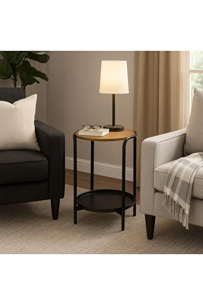 PixelsFurniture Pixel Furniture 2-Tier Round Side Coffee Table with Wood Top, Metal Bottom Shelf and Metal Ends