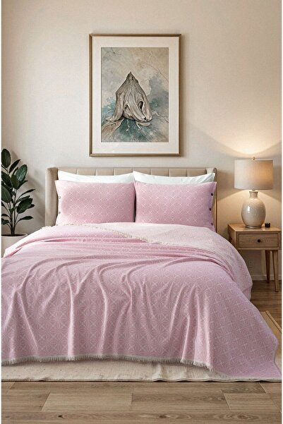 Cottonest Pembe-ekru Pike Jakar Desenli Saçaklı Iki Yastıklı Yatak Örtüsü Seti