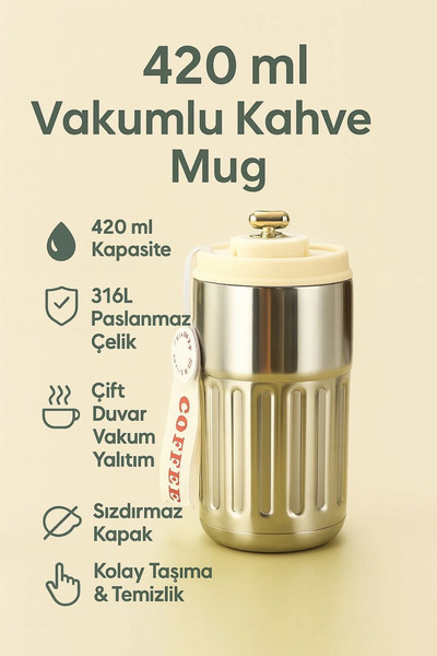 SİBERALEM 420 ml, Mug, El Termosu, Vakumlu, Sıcak-Soğuk, Çay-Kahve, Silver, S...