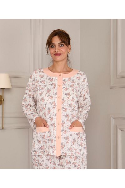 AYSUN TEKSTİL Cotton Fabric Wide Cut Front Complete Buttoned Pink Women's Pajama Set