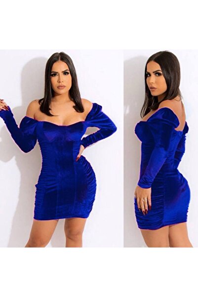 hipnoz butik KADIN DÜŞÜK OMUZ KADİFE KUMAŞ MİNİ ELBİSE