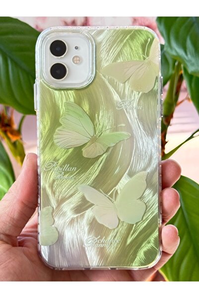 Fibaks iPhone 11 Compatible Case Shiny Hologram Green Butterfly Pattern Shock Absorbing Camera Protection Silicone