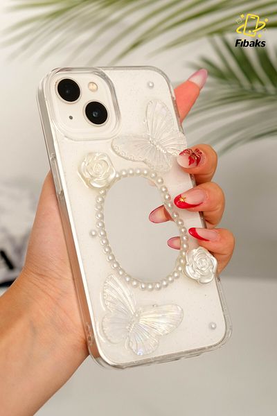 Fibaks Apple iPhone 13 - 14 - 15 Case 3D Butterfly Rose Pattern Mirrored Glitter Transparent Design Silicone Cover