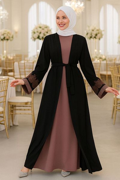 Neva Style Embroidery Patterned Black Dark Mink Hijab Abaya Suit 29128Skv
