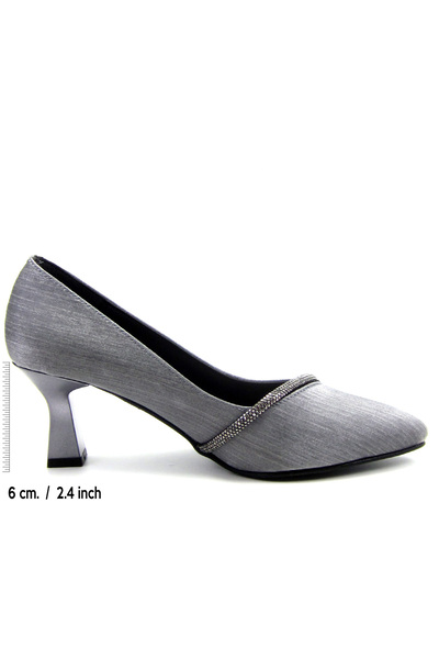Erkan Saçmacı Shimeca Anthracite Satin Stone Pointed Toe Thin Heeled Evening Dress Shoes