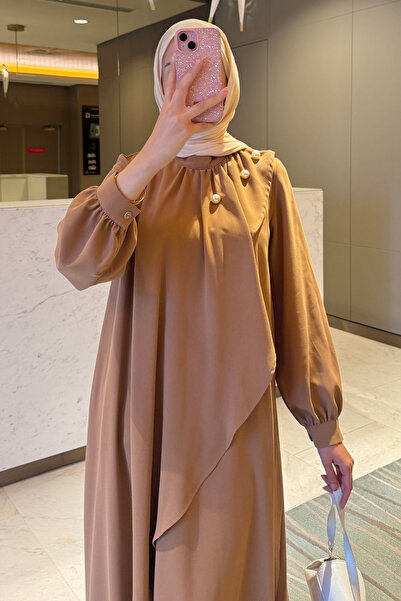 Tesettür Diyarı Kadın Krep Kumaş Yakası İnci Detaylı Levanur Tesettür Elbise