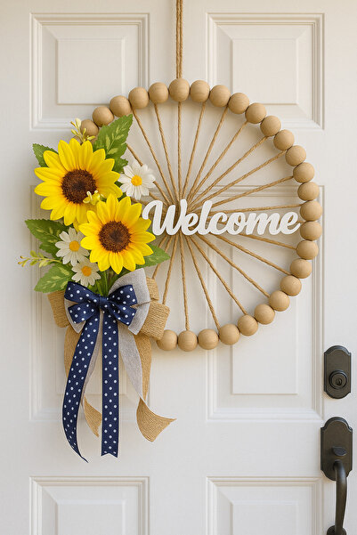 rosfloa rf Ahşap Boncuklu Ayçiçeği Papatya Kapı Duvar Süsü Kapı Önü Aksesuarı (32 Cm)