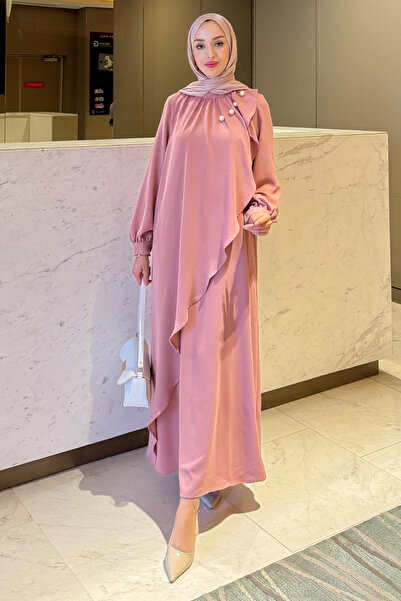 Tesettür Diyarı Kadın Krep Kumaş Yakası İnci Detaylı Levanur Tesettür Elbise