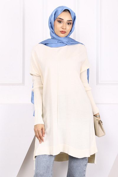 İmajButik Cream Crew Neck Mercerized Casual Knitwear Tunic