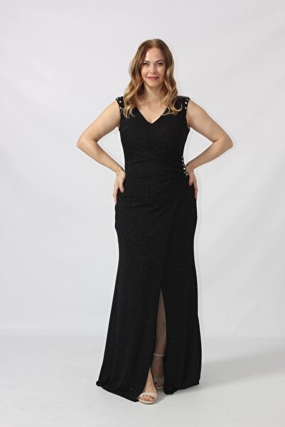 Moda Berray 8004 Omuz - Bel Işleme Kruvaze Abiye Elbise Siyah