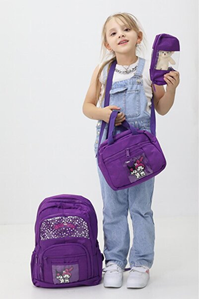 Probag Melody Kuromi 3'lü Okul Çanta Sırt Çantası Beslenme Çantası Kalemlik İlkokul Peluş Oyuncak Hediyeli