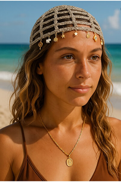 Satürn Hobi Knitted Bohemian Gold Accessory Detailed Glitter Mesh Beret & Ban...