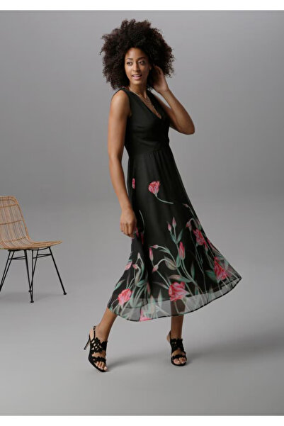 Şans Γυναικεία Μαύρη Φούστα Μεγάλο Μέγεθος Φόρεμα 65n26735 με επένδυση από σιφόν με μοτίβο λουλουδιών