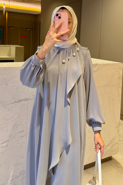 Tesettür Diyarı Kadın Krep Kumaş Yakası İnci Detaylı Levanur Tesettür Elbise