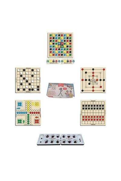 Ahtek Wooden Brain Teaser Game Set 7 Pieces Mangala + 9 Stones + Checkers + Horseball + Ludo + Reversi + Uno Cards