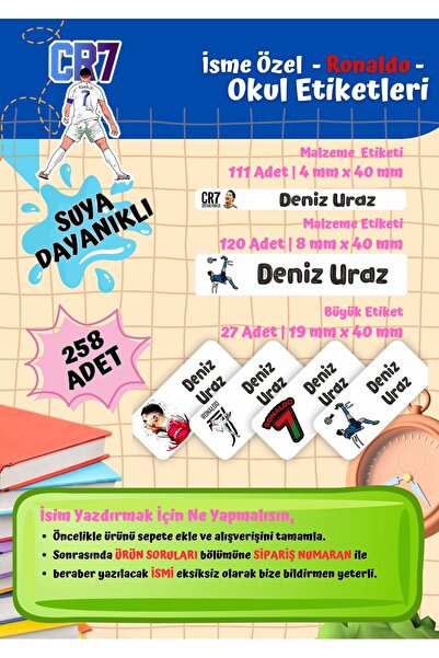 Ceres Studio Ronaldo Temalı Kişiye Özel Suya Dayanıklı Okul Etiketi Seti - 25...