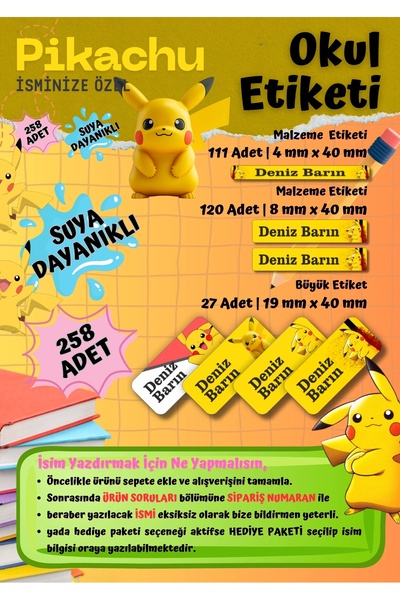 Ceres Studio Pikachu Pokemon Temalı Kişiye Özel Suya Dayanıklı Okul Etiketi –...