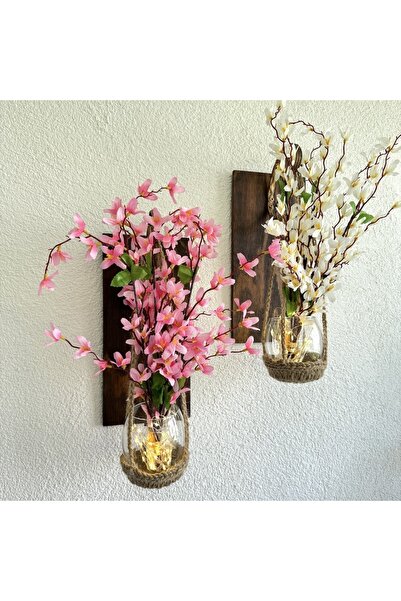 STDEKOR Duvar Dekoru, Led Işıklı, Pembe ve Beyaz Sakura Çiçekli, Ceviz Aplik ...