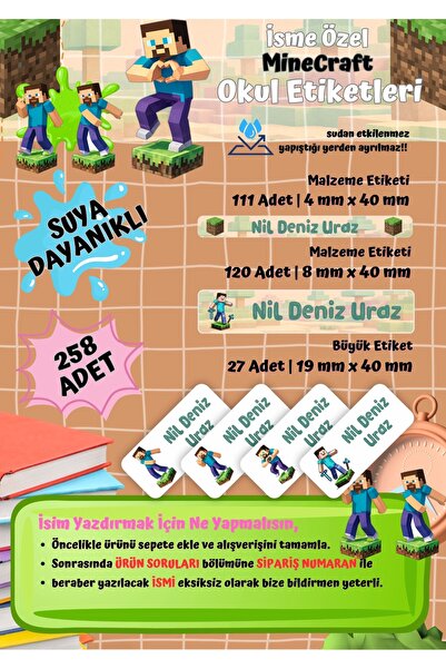 Ceres Studio Minecraft Temalı Kişiye Özel Suya Dayanıklı Okul Etiketi Seti - ...
