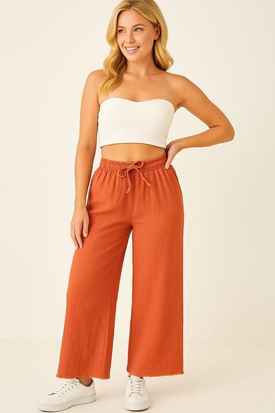 enmodaiçgiyim Brick Color 100% Cotton Muslin Fabric Wide Leg Comfortable Fit Women's Trousers with Two Pockets