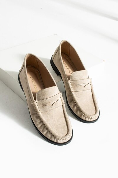 diclepolat Lucy Women's Loafer Saddle Detailed Comfortable Daily Shoes Beige Suede