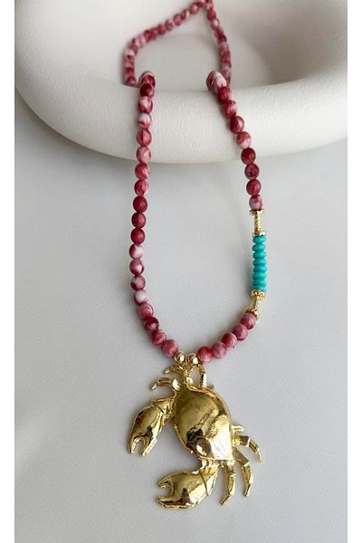 mos&more Long 70cm Red Beaded Elegant Beach Necklace with Crab Charm