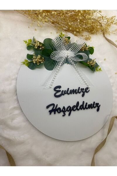 HOBİ55 Kapı Süsü - Dış Kapı Süsü Evimize Hoşgeldiniz Beyaz Yapay