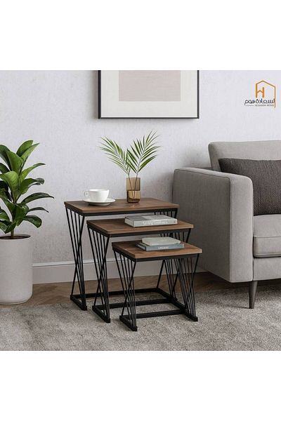 Al Saada Home Wood Service Table Set - Brown - 3 Pieces