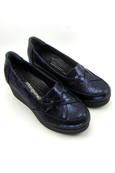 Erkan Saçmacı Shay Navy Blue Snake Genuine Leather Wedge Heeled Casual Shoes