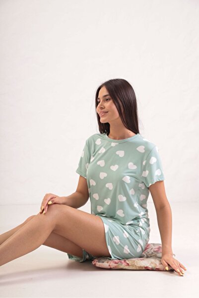 Kalp Desenli Kadın Şort Pijama Takım