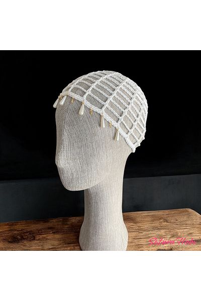 Satürn Hobi Knitted Bohemian Pearl & Charm Detailed Mesh Hat Bandana Hair Accessory