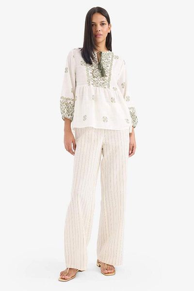 DeFacto New Season Regular Fit Striped Stretchy High Waisted Linen Blend Palazzo Trousers