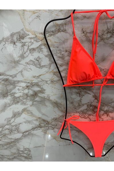 XORVİO Women's Lycra String Side and Neck Tie Stylish Drawstring Thong Orange Bikini Set