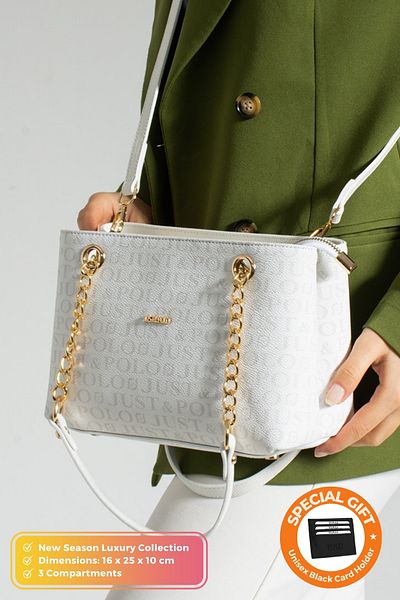 Just Polo Original Women's 3 Compartment Luxury Soft Leather Adjustable Cross Strap Chain Detail Hand Shoulder Bag