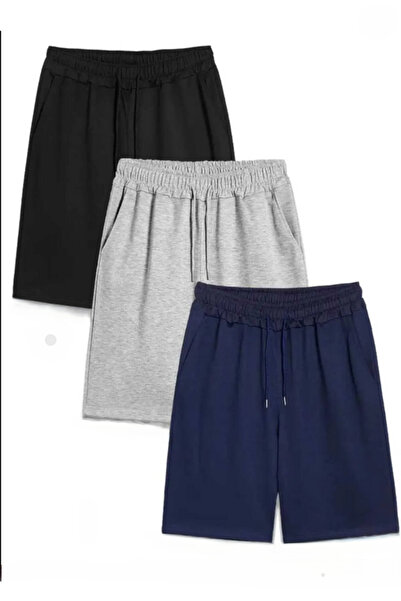 yg ydn giyim 3 Lü Siyah - Gri Lacivert Rahat Kesim Yumuşak Kumaş Beli Lastikli Yazlık Cepli Şort