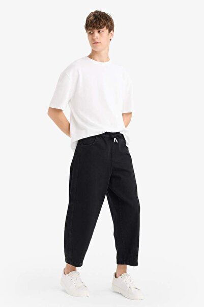 DeFacto %100 Pamuk Barrel Fit Beli Bağcıklı Lastikli Geniş Paça Jean Yıkamalı Pantolon F8354AX25AU