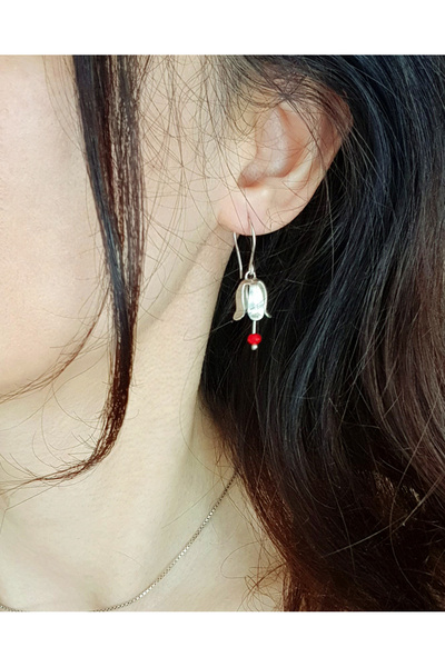 Silvermage Gümüş925 Küpe Elişi Çiçek Motifli lale Mercan Taşlı